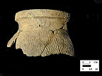 Shenks Ferry partial cord-marked vessel (mended) with incised decoration on rim and neck, from the Rosenstock site 18FR18/168.